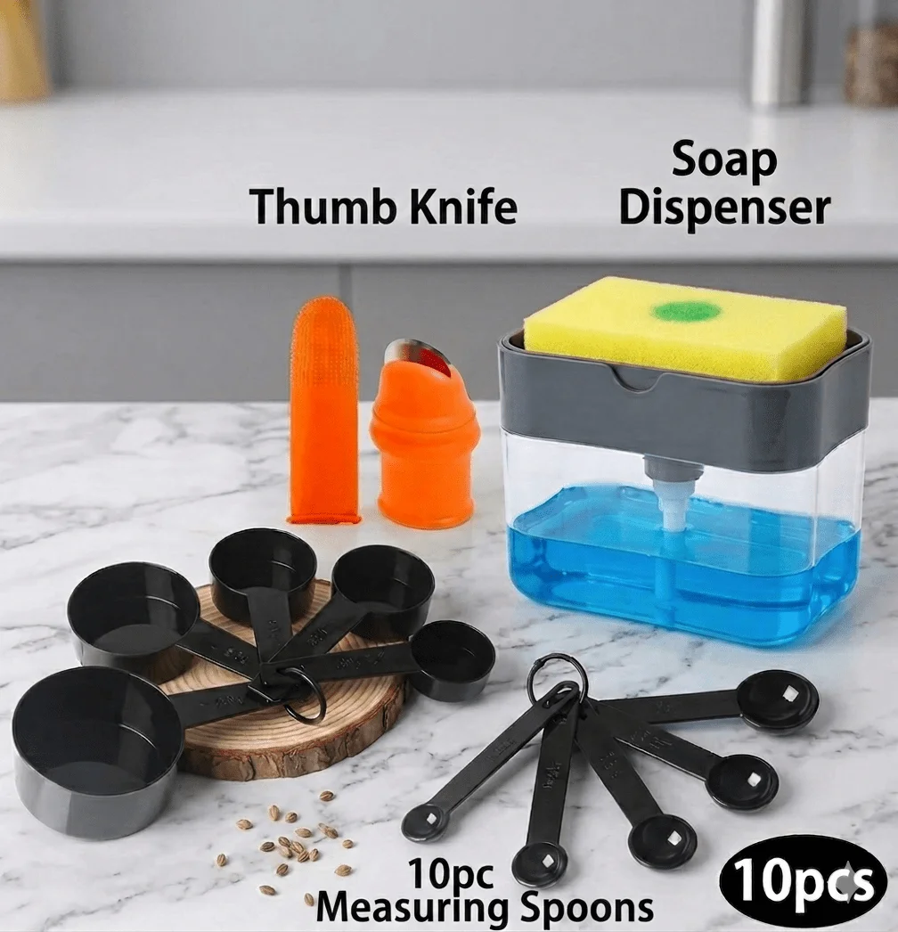 3 in 1 Offer<br>1.Dish Soap Dispenser <br>2.10pcs Kitchen Measuring <br>3.NEW Thumb Cutter